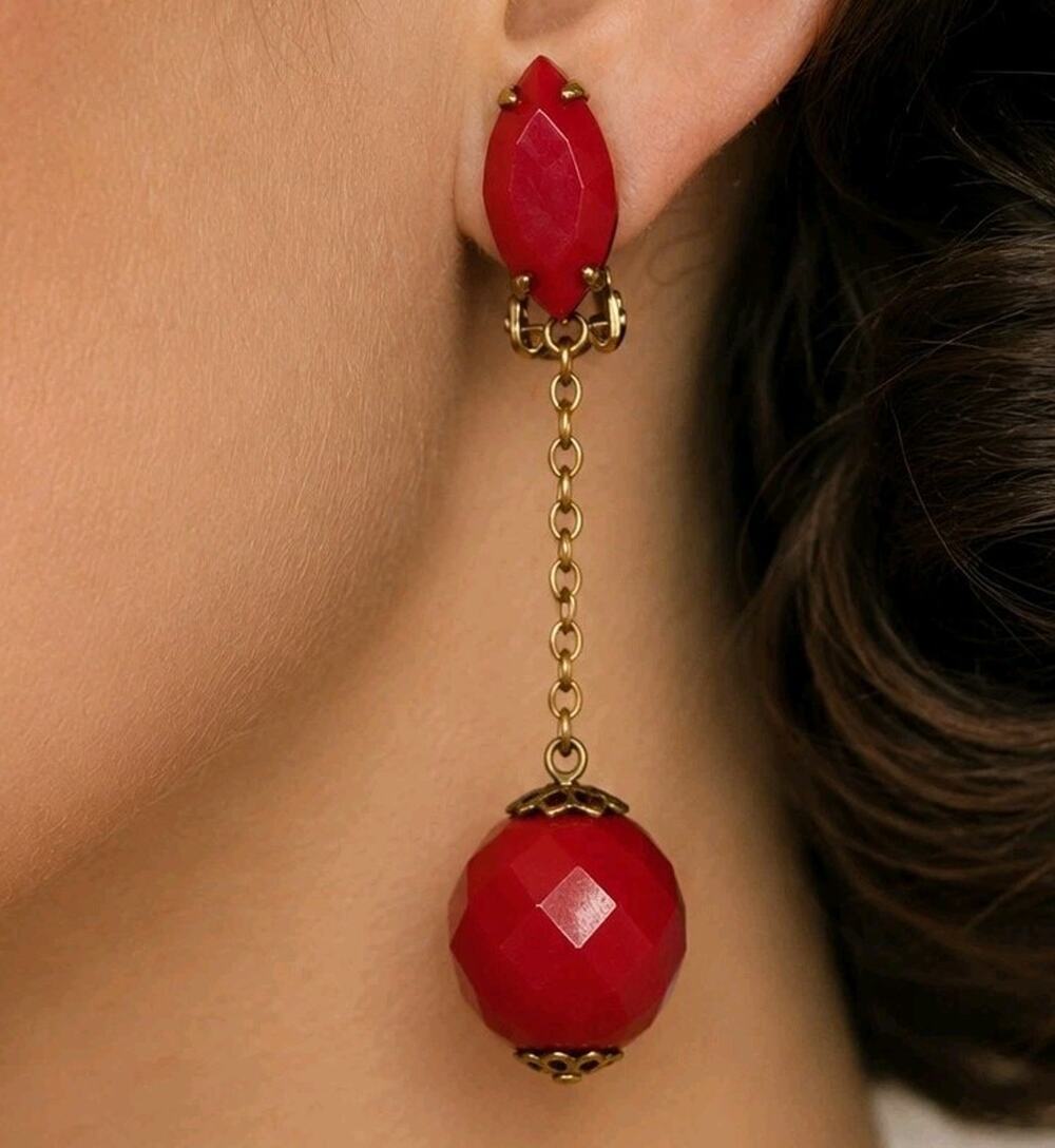 Vintage Lewis Segal Red Faceted Ball Long Cherry Red Dangling Clip On Earrings
